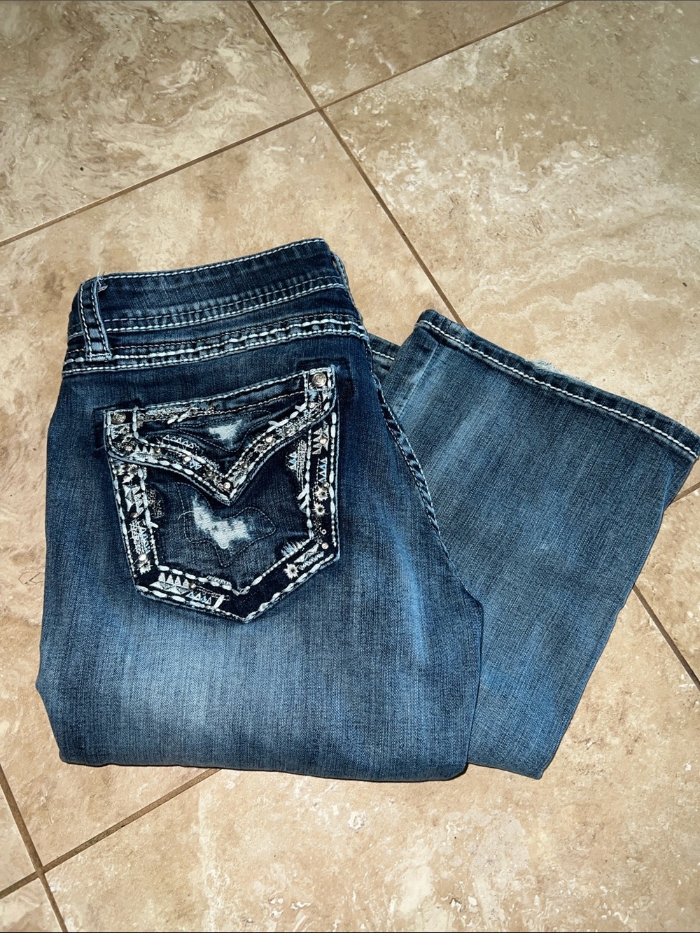 Grace in LA Medium Blue Embellished Pocket Boot Cut Jeans